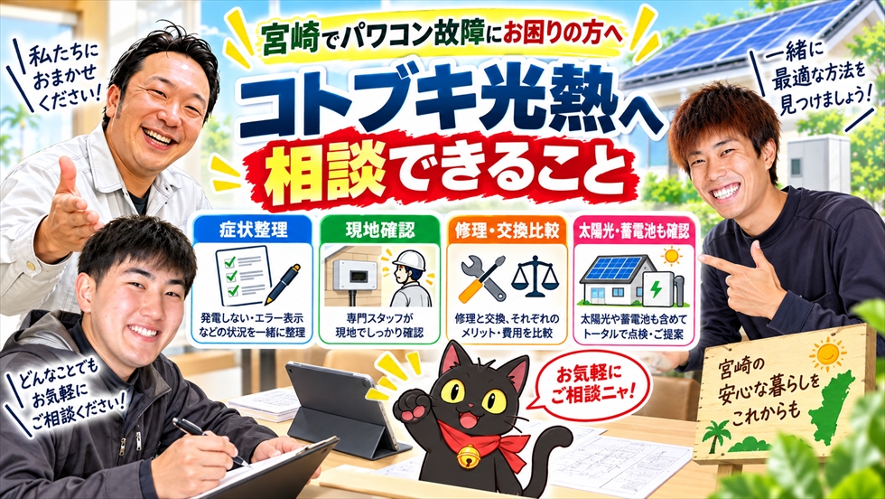10宮崎のパワコン故障について症状確認・現地点検・修理交換比較・太陽光蓄電池を相談する様子