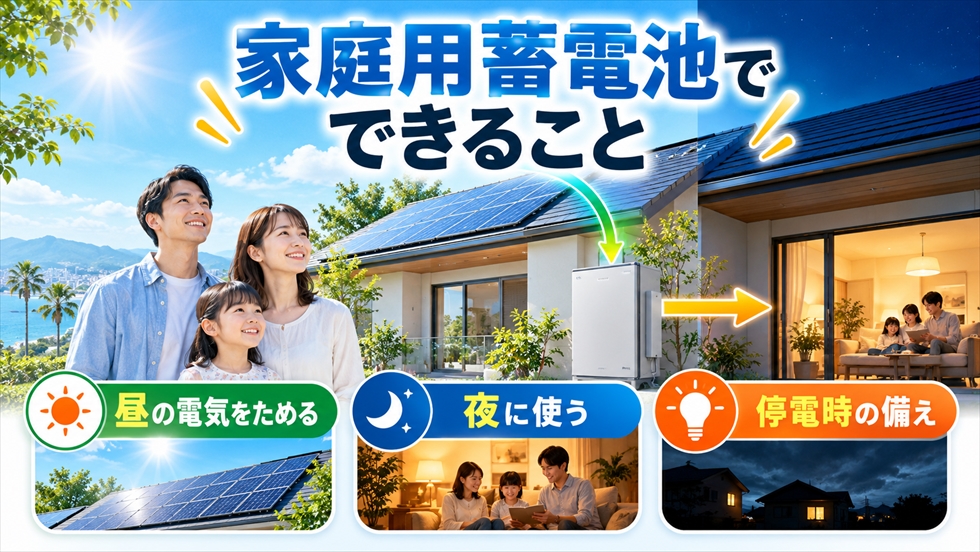 太陽光発電の電気を家庭用蓄電池にためて夜間や停電時に活用する宮崎の住宅イメージ