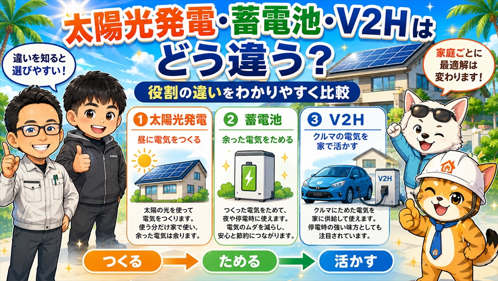 太陽光発電と蓄電池とV2Hの違い