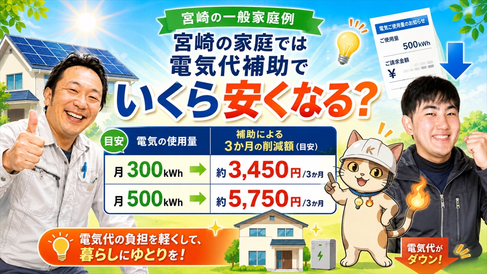 宮崎の家庭で電気代補助によりどれくらい安くなるかのイメージ