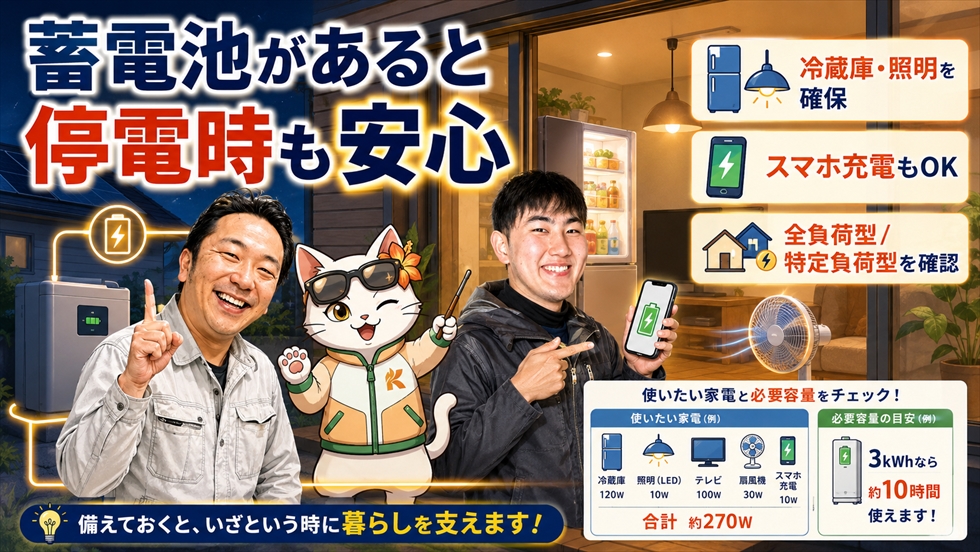 蓄電池があると停電時も安心 冷蔵庫 照明 スマホ充電