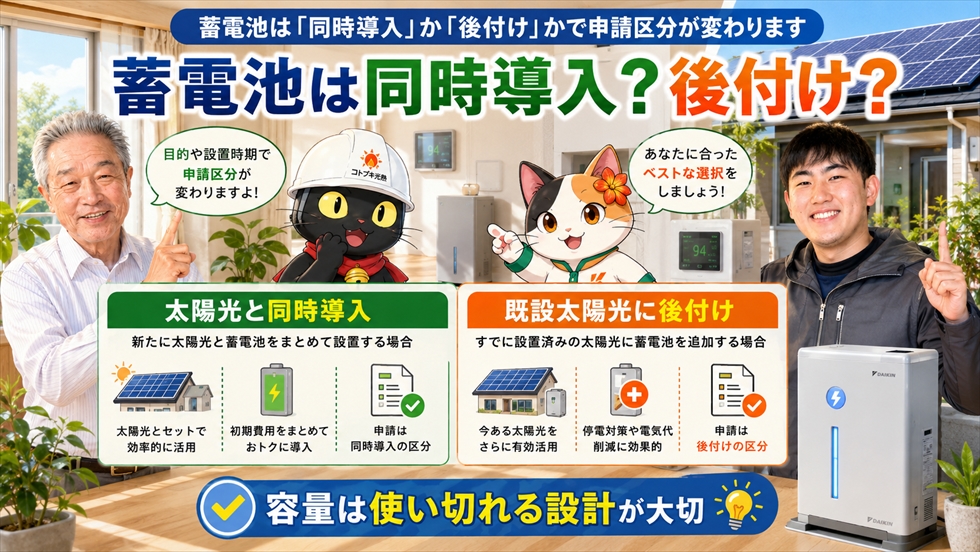 蓄電池は同時導入か後付けかで申請区分が変わります