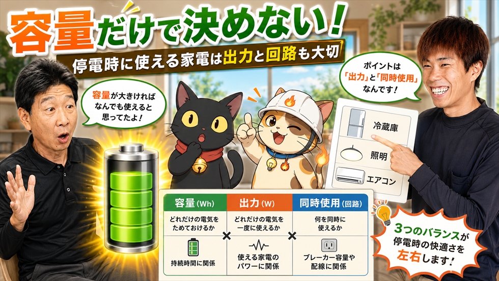 容量だけで決めない 停電時に使える家電は出力と回路も大切