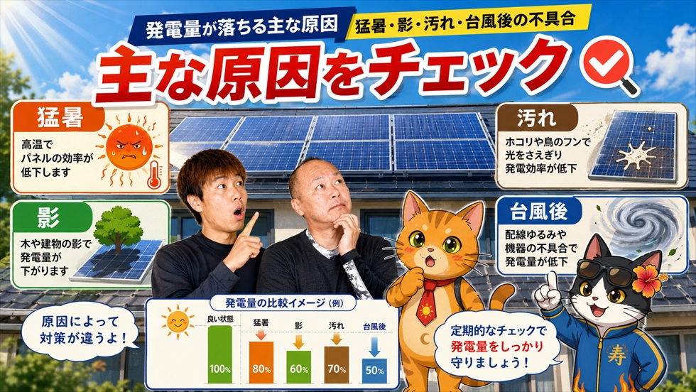 発電量が落ちる主な原因 猛暑 影 汚れ 台風後の不具合