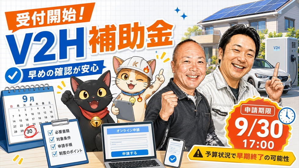 V2H補助金の受付開始と申請期限を案内する画像