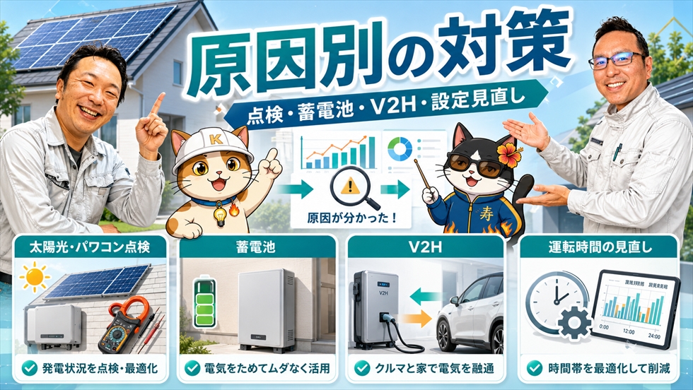 太陽光パワコン点検・蓄電池・V2H・運転時間の見直し