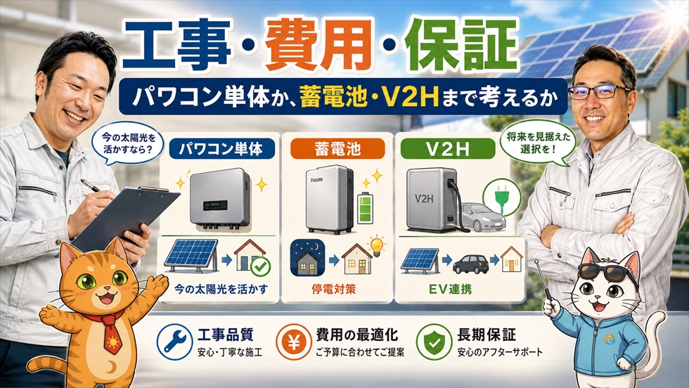 パワコン単体交換と蓄電池V2H導入の比較