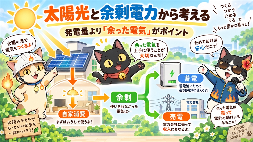 太陽光発電と余剰電力から蓄電池容量を考える図