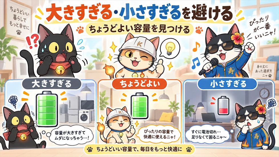 大きすぎる蓄電池と小さすぎる蓄電池の比較