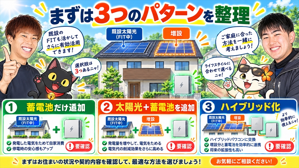 FIT中の既設太陽光に蓄電池だけ追加、太陽光と蓄電池を追加、ハイブリッド化する3パターン