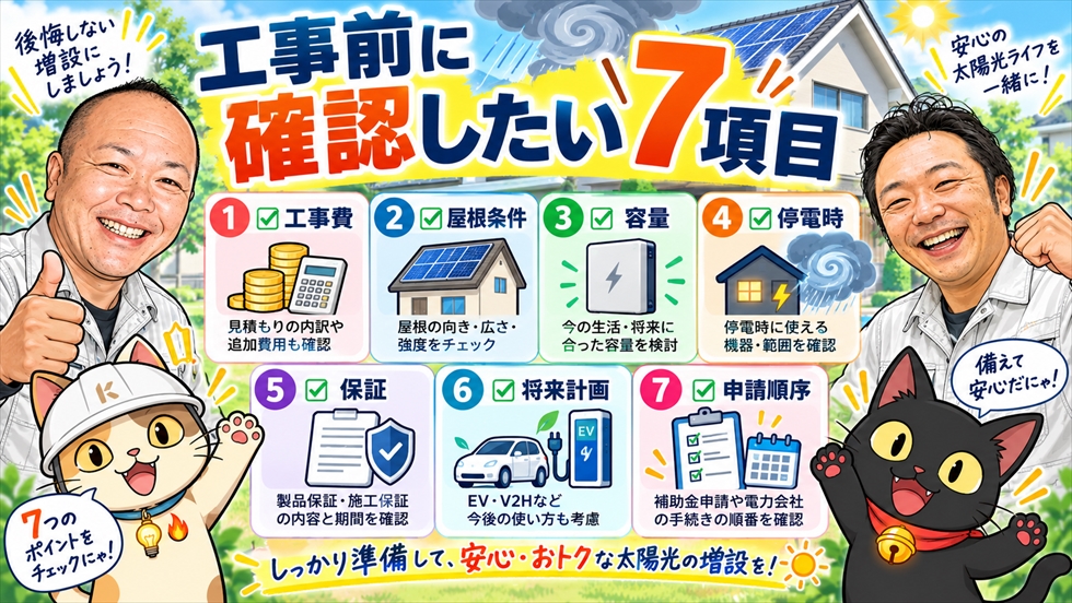 太陽光増設と蓄電池設置の前に確認したい費用、屋根、容量、停電、保証、将来計画、申請順序