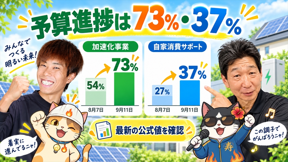 ひなたゼロカーボン補助金の予算進捗54％から73％、27％から37％への変化を示すグラフ