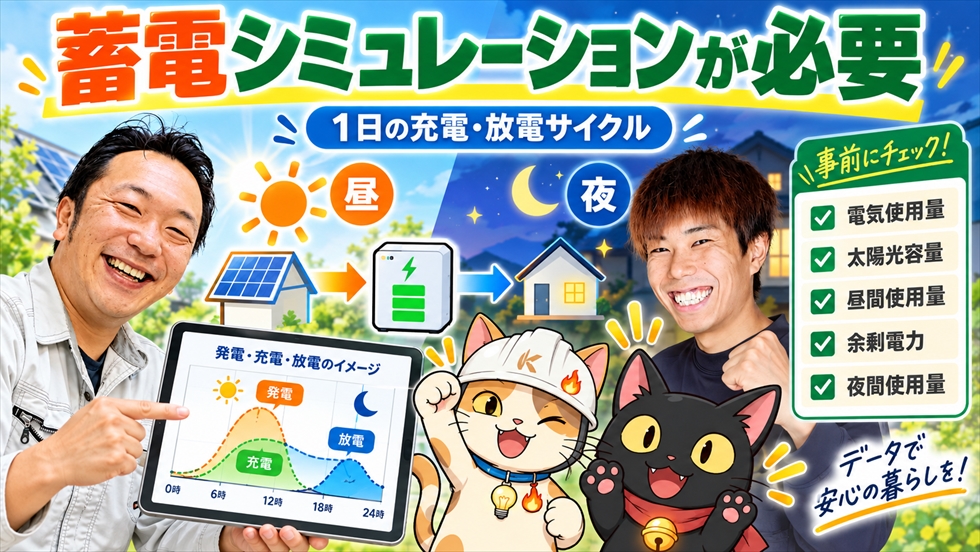 太陽光発電から蓄電池へ充電し夜間に放電する1日の蓄電シミュレーション
