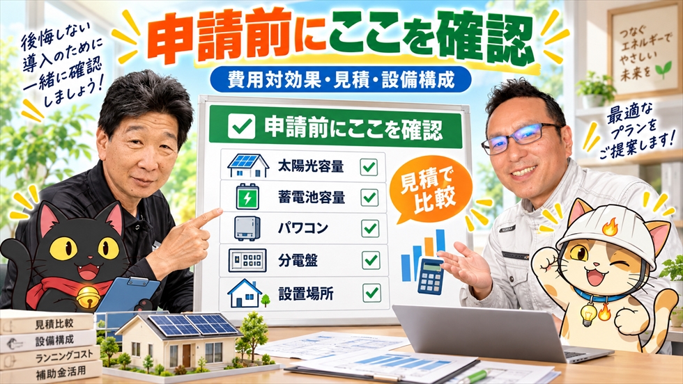 補助金申請前に太陽光容量・蓄電池容量・パワコン・分電盤・設置場所を確認する相談イメージ