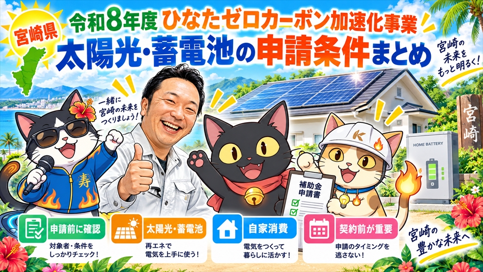 令和8年度ひなたゼロカーボン加速化事業の太陽光発電・蓄電池補助金と申請条件を宮崎県向けに解説する画像