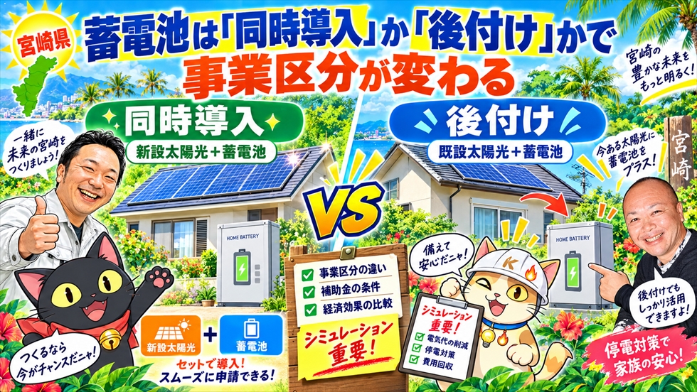 宮崎の太陽光発電・蓄電池補助金について、よくある質問をQ&A形式で表現したイラスト