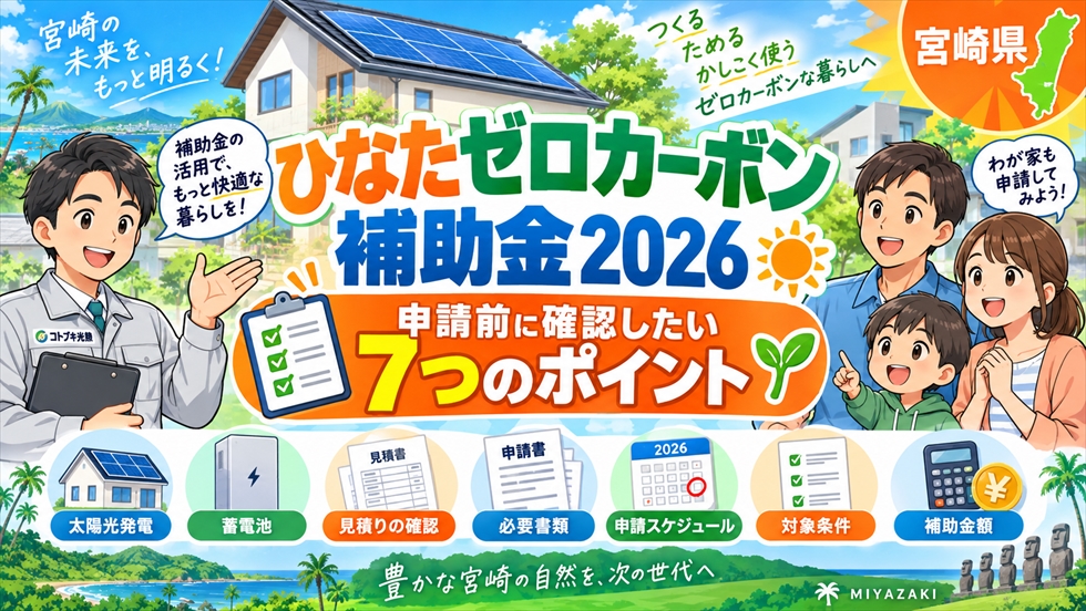 宮崎県のひなたゼロカーボン補助金2026で、太陽光・蓄電池の申請前に確認したい7つのポイントを解説するイラスト