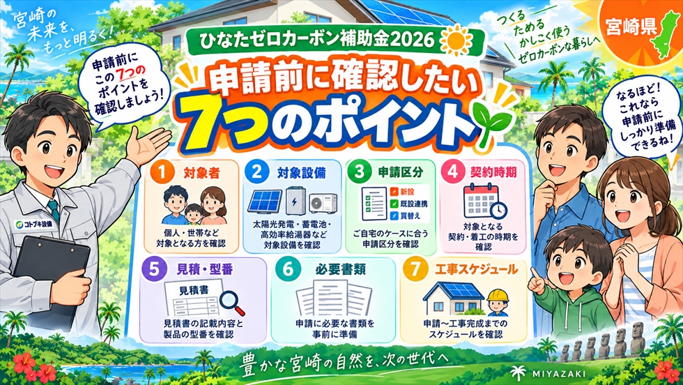 ひなたゼロカーボン補助金の申請前に、対象者・対象設備・申請区分・契約時期・見積・必要書類・工事日程を確認するイラスト