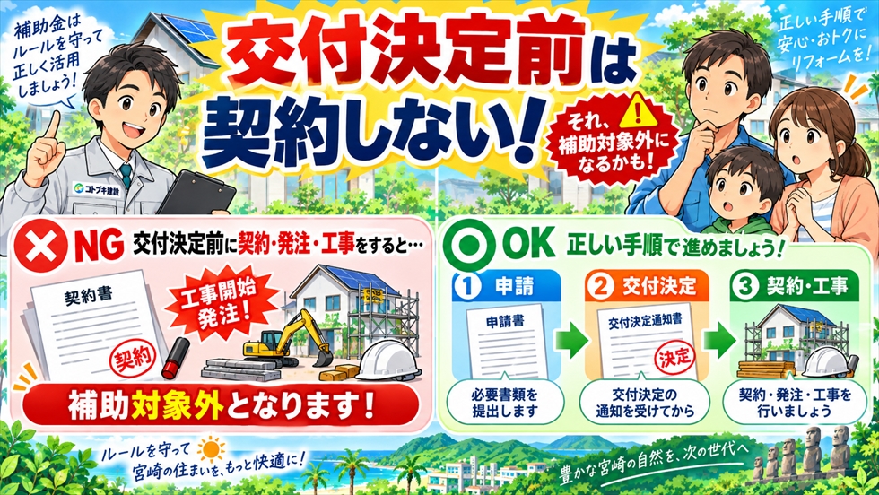 補助金の交付決定前に契約・発注・工事をすると対象外になる可能性と、正しい申請手順を示すイラスト