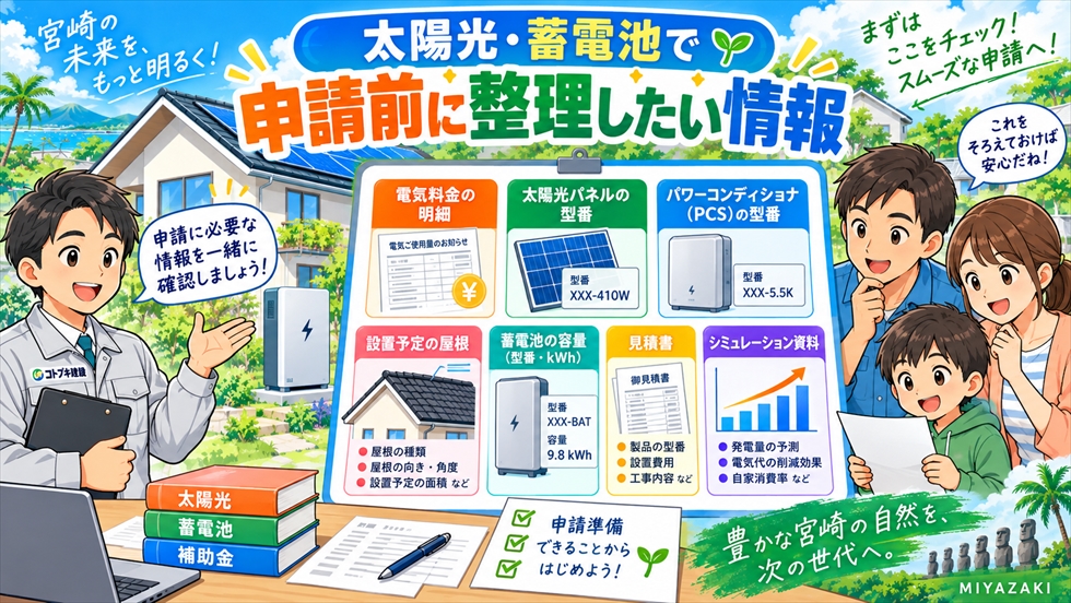 太陽光・蓄電池の補助金申請前に、電気料金・機器型番・容量・屋根・見積書・シミュレーション資料を整理するイラスト