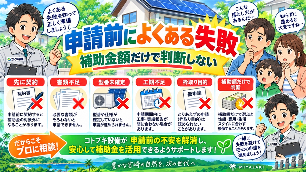 補助金申請で起こりやすい先行契約・書類不足・型番未確定・工期不足・枠取り申請・補助額だけでの判断を示すイラスト
