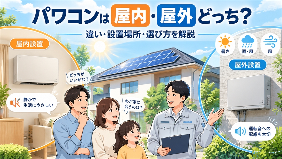 太陽光パワコンの屋内設置と屋外設置の違いを比較し、住宅に合う設置場所を解説するイラスト
