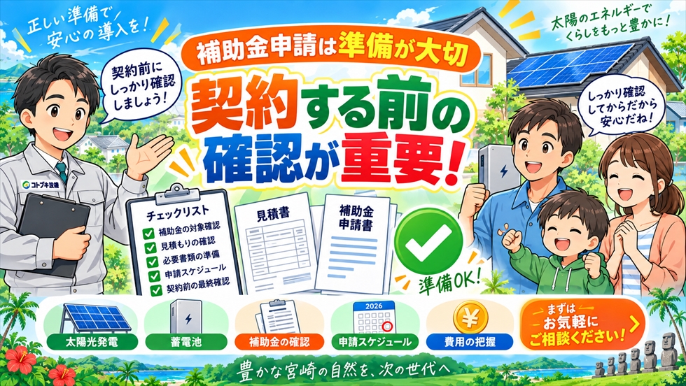 太陽光・蓄電池の補助金申請で、契約前に対象条件・見積・必要書類・申請スケジュールを確認する重要性を示すイラスト
