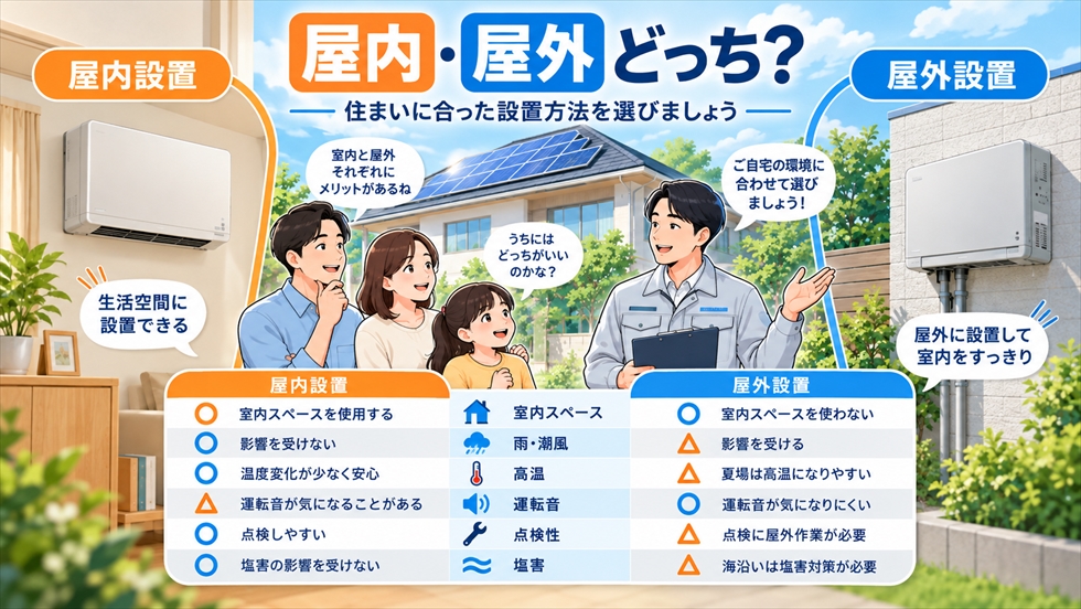 太陽光パワコンの屋内設置と屋外設置を、室内スペース・雨風・高温・運転音・点検性・塩害で比較するイラスト