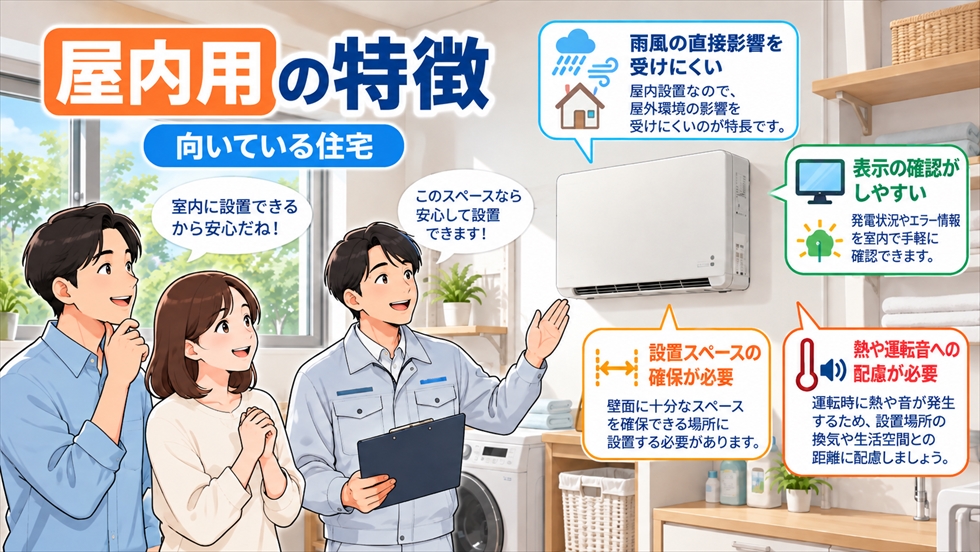 屋内用パワコンの設置例と、雨風の影響・確認しやすさ・設置スペース・熱や運転音の注意点を解説するイラスト