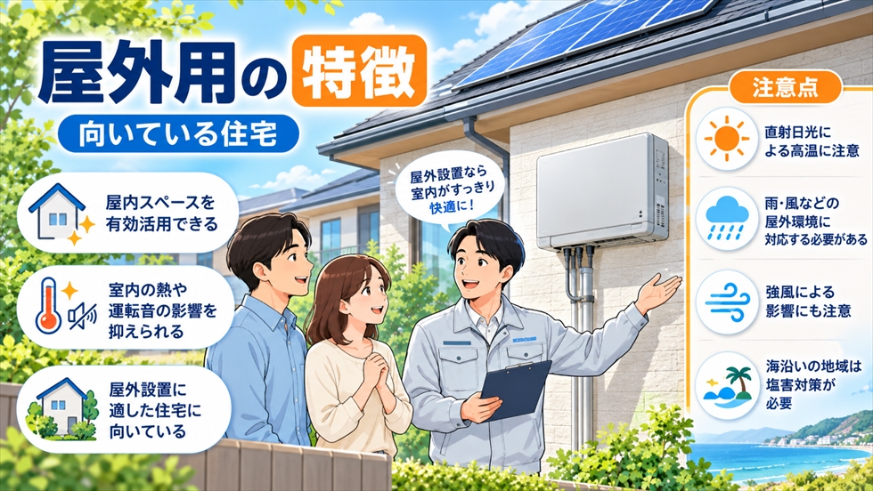 屋外用パワコンの設置例と、室内スペース・直射日光・雨風・強風・塩害の注意点を解説するイラスト