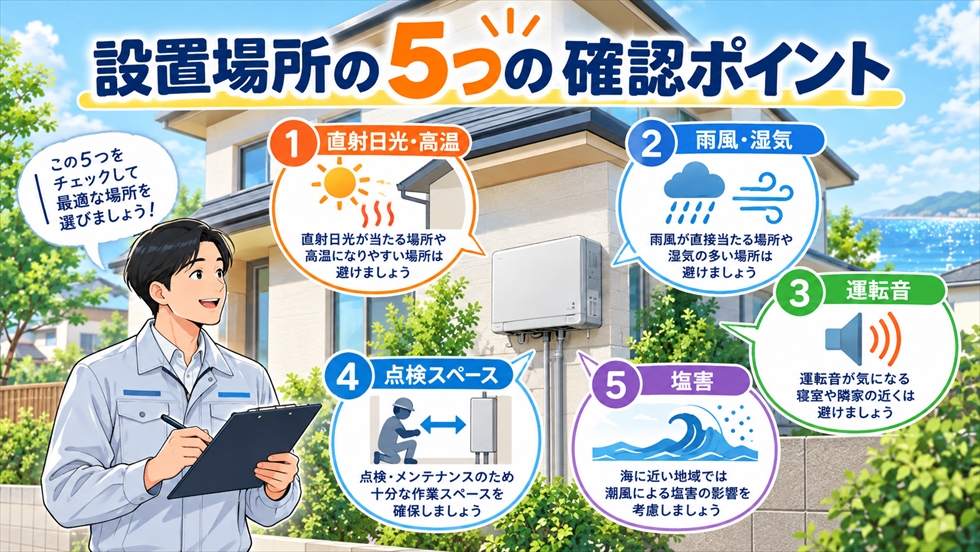 太陽光パワコンの設置場所で確認したい直射日光・雨風・運転音・点検スペース・塩害の5項目を示すイラスト
