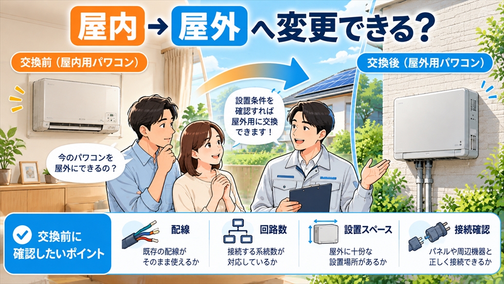 屋内用パワコンから屋外用パワコンへ交換する際に、配線・回路数・設置スペース・接続条件を確認するイラスト