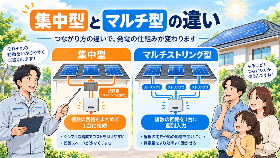 太陽光パワコンの集中型とマルチストリング型について、太陽光パネルからパワコンへの接続方法の違いを比較するイラスト