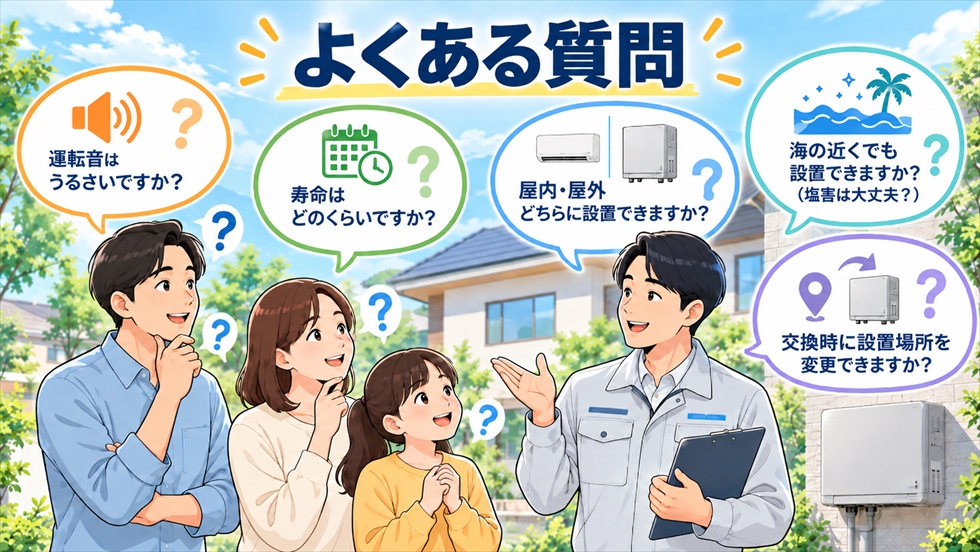 太陽光パワコンの運転音・寿命・屋内屋外設置・塩害・交換時の設置変更について相談するイラスト
