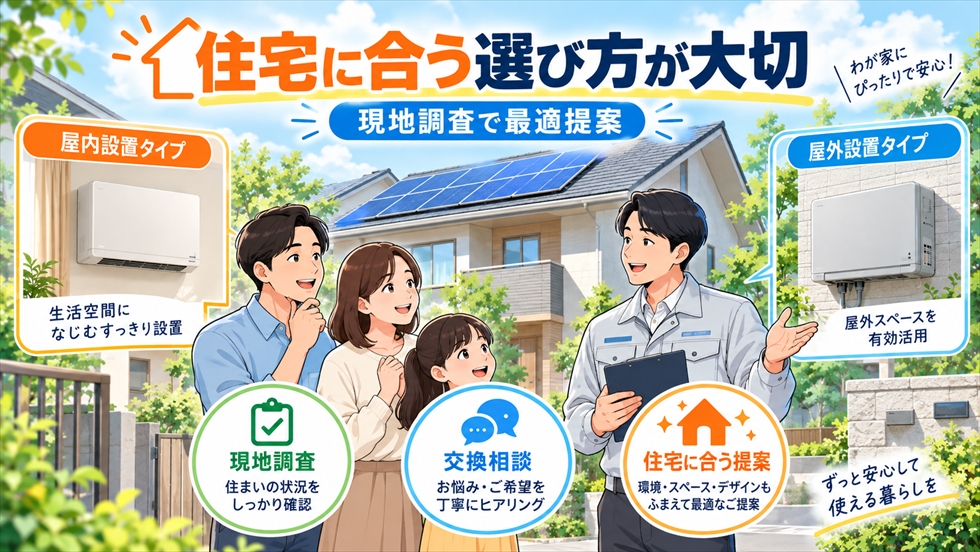 太陽光パワコンの屋内設置と屋外設置を現地調査で確認し、住宅に合う機種と設置方法を提案するイラスト