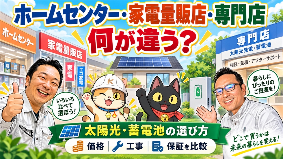 ホームセンター・家電量販店・住宅設備専門店の違いを、太陽光発電・蓄電池の価格・工事・保証で比較するイラスト