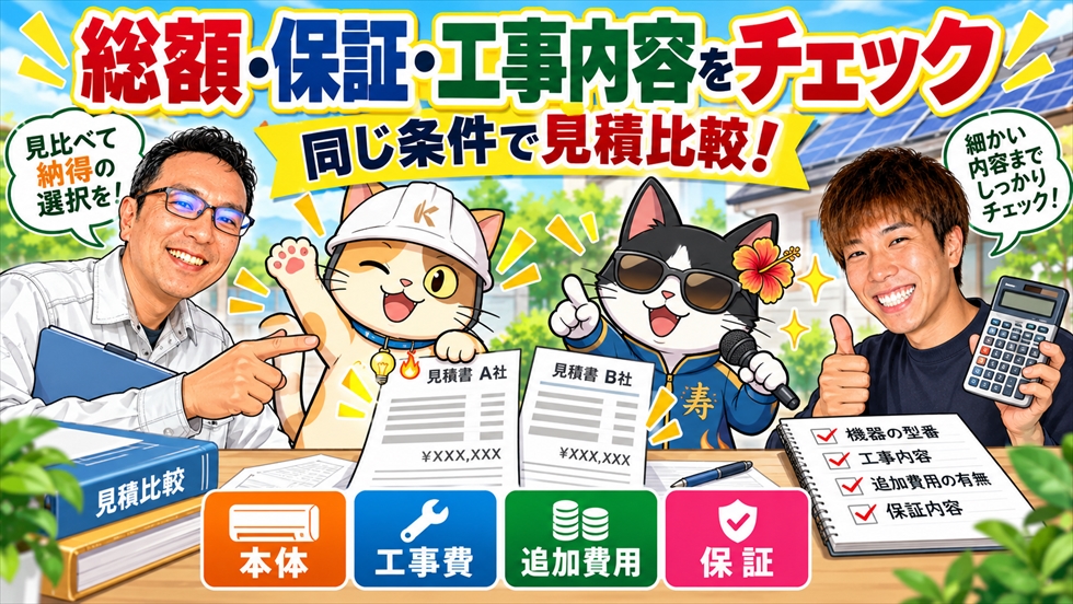 太陽光発電・蓄電池の見積を、本体価格・工事費・追加費用・保証内容まで比較するポイントを解説するイラスト