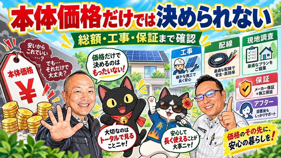 太陽光発電・蓄電池は本体価格だけでなく工事・配線・現地調査・保証・アフター対応まで確認する必要があることを示すイラスト