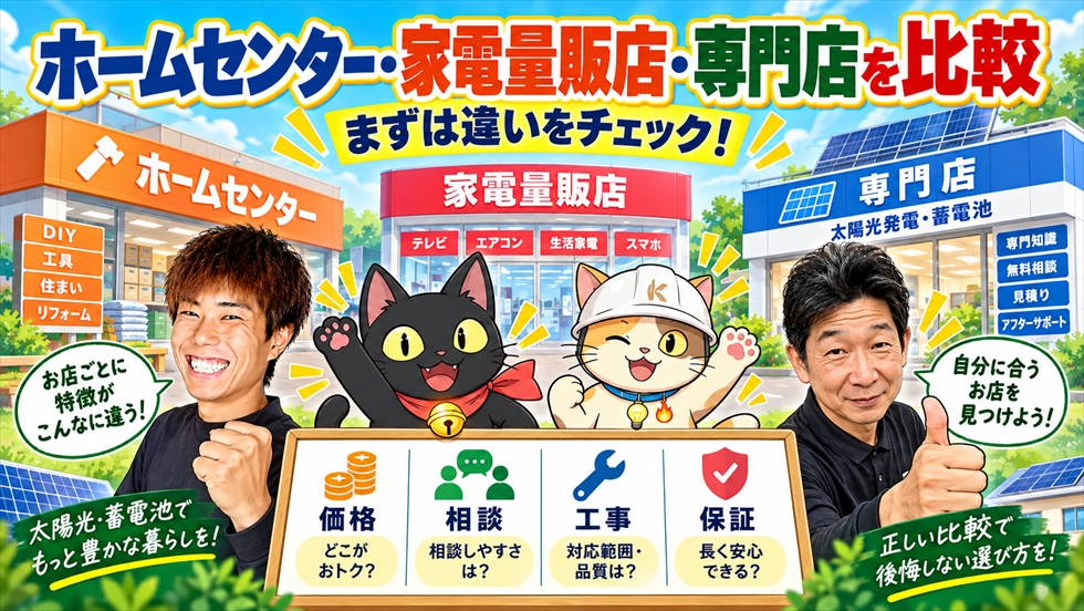 ホームセンター・家電量販店・専門店を価格・相談しやすさ・工事・保証の4項目で比較するイラスト