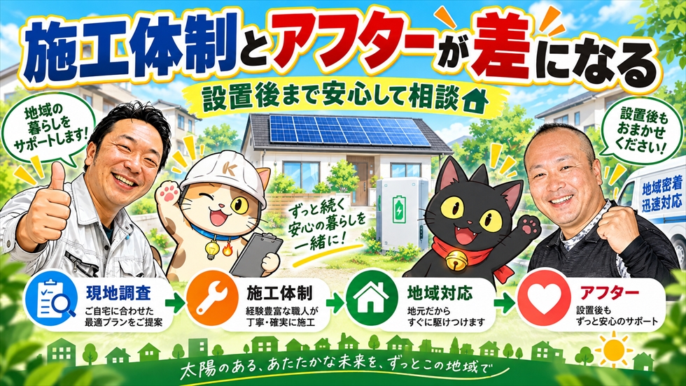太陽光発電・蓄電池の設置で現地調査・施工体制・地域対応・アフターサポートの重要性を示すイラスト