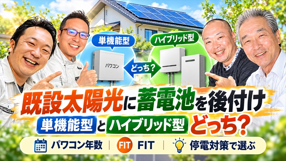 既設太陽光に蓄電池を後付けする際に、単機能型とハイブリッド型の違いを比較するイメージ