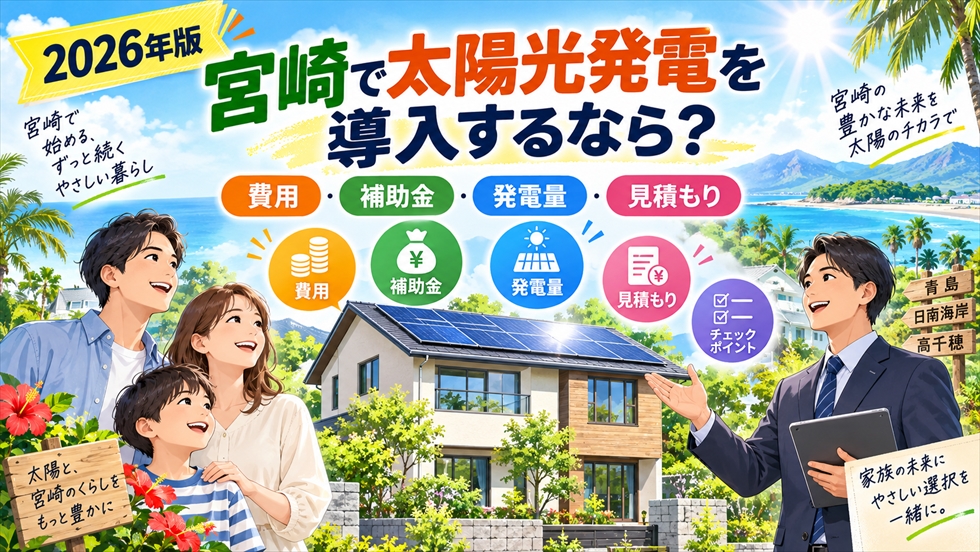 宮崎で太陽光発電を導入する際に、費用・補助金・発電量・見積もり・確認ポイントを解説するイラスト