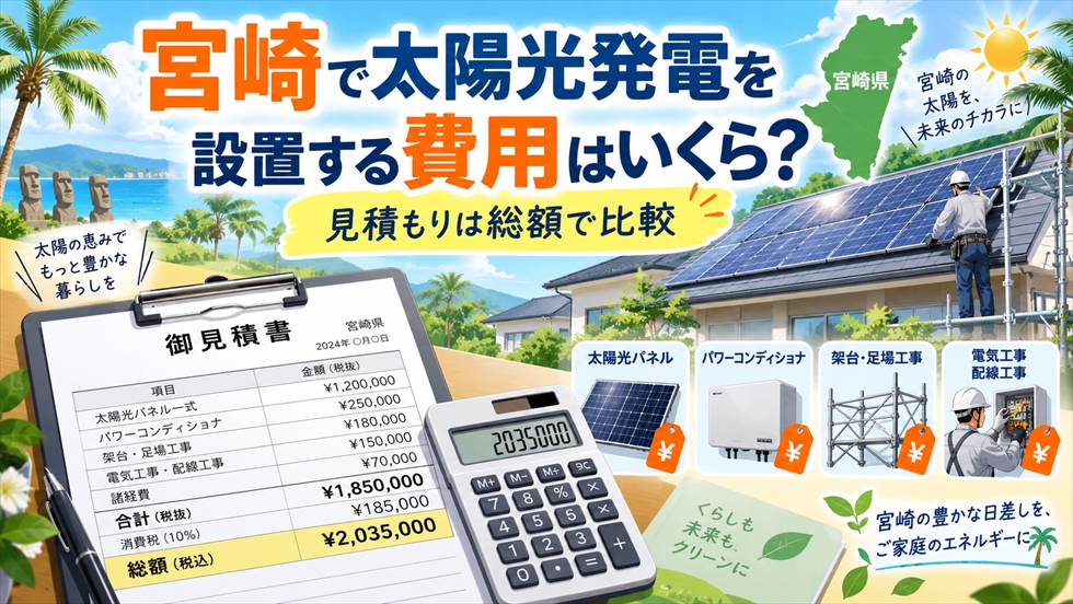 宮崎で太陽光発電を設置する費用を、太陽光パネル・パワコン・架台・足場・電気工事を含む総額で確認するイラスト