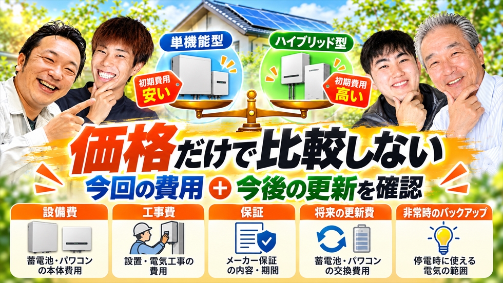 単機能型とハイブリッド型を初期費用だけで比較せず、設備費・工事費・保証・将来の更新費まで確認する説明画像