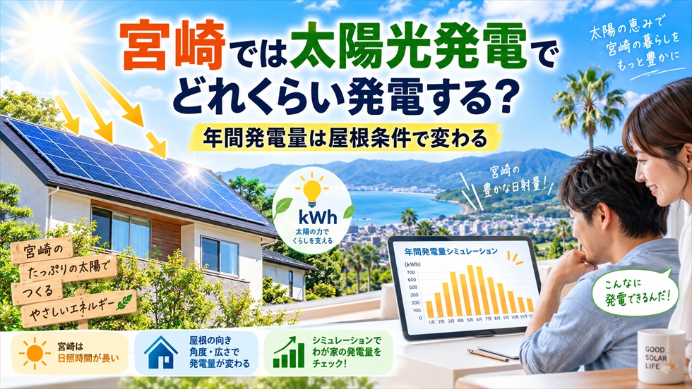 宮崎の太陽光発電で年間発電量が屋根の向き・角度・広さなどの条件によって変わることを示すイラスト