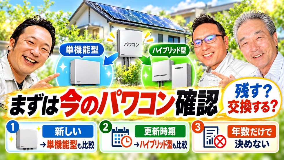 今のパワコンを残すか交換するかを確認し、単機能型とハイブリッド型を比較する判断ポイント