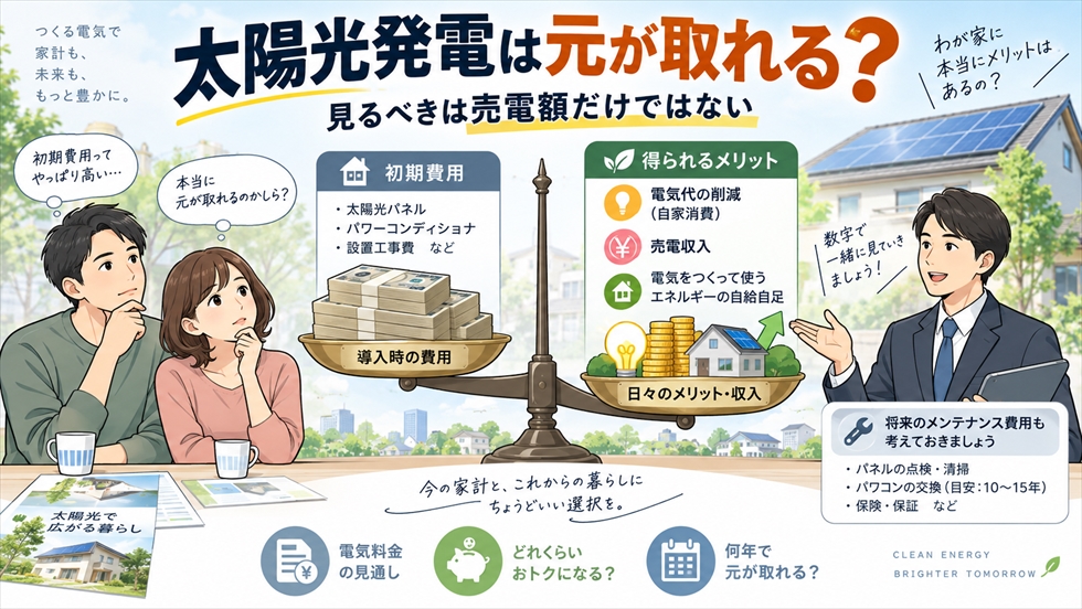 太陽光発電の初期費用と、電気代削減・自家消費・売電収入・将来のメンテナンス費用を比較するイラスト