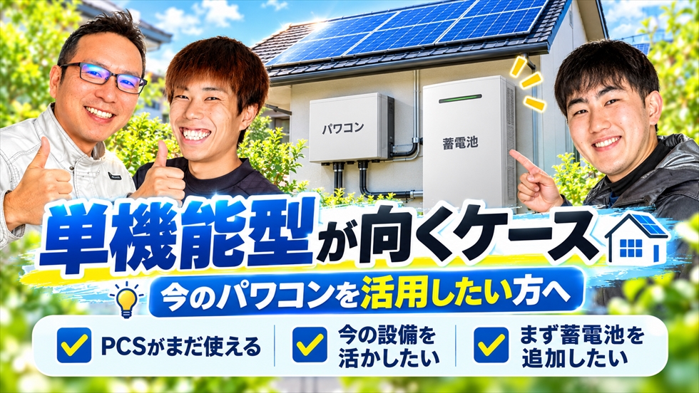現在のパワコンを活用しながら蓄電池を追加する単機能型が向くケースを紹介する画像
