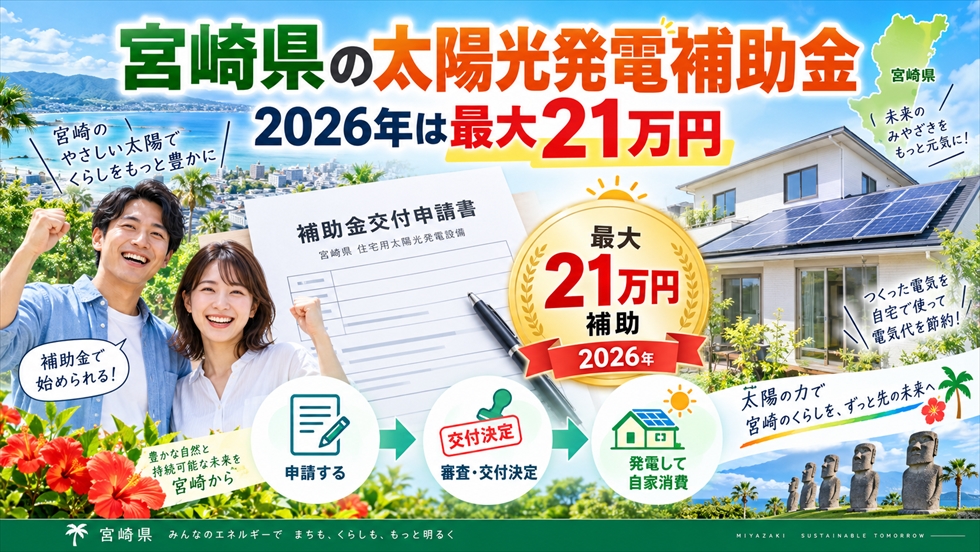 宮崎県の2026年太陽光発電補助金について、最大21万円の補助と申請・交付決定の流れを示すイラスト