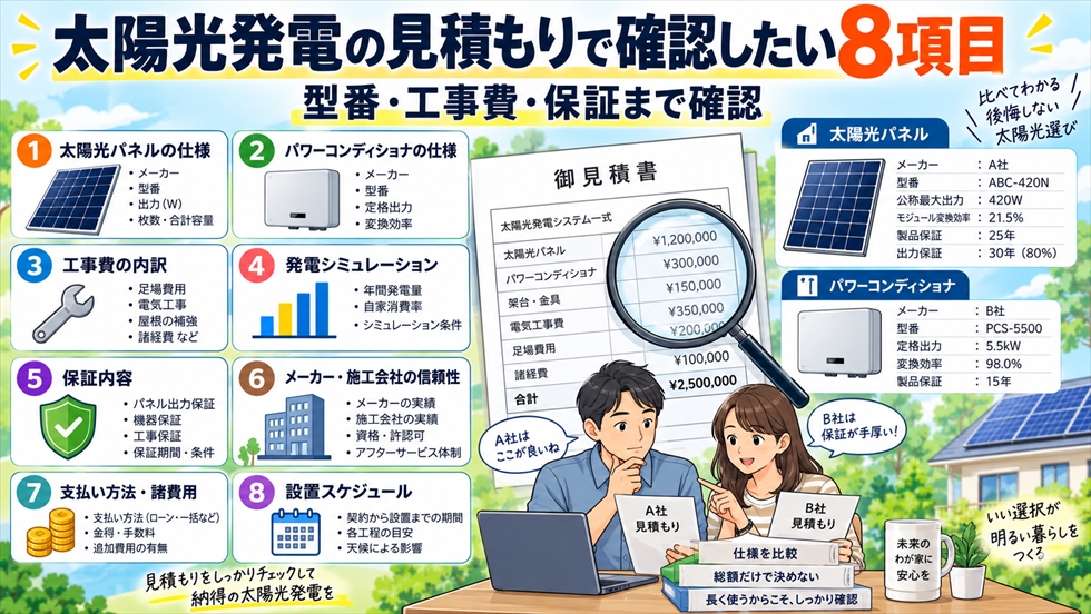太陽光発電の見積もりで、パネル・パワコンの型番、工事費、発電シミュレーション、保証など8項目を確認するイラスト